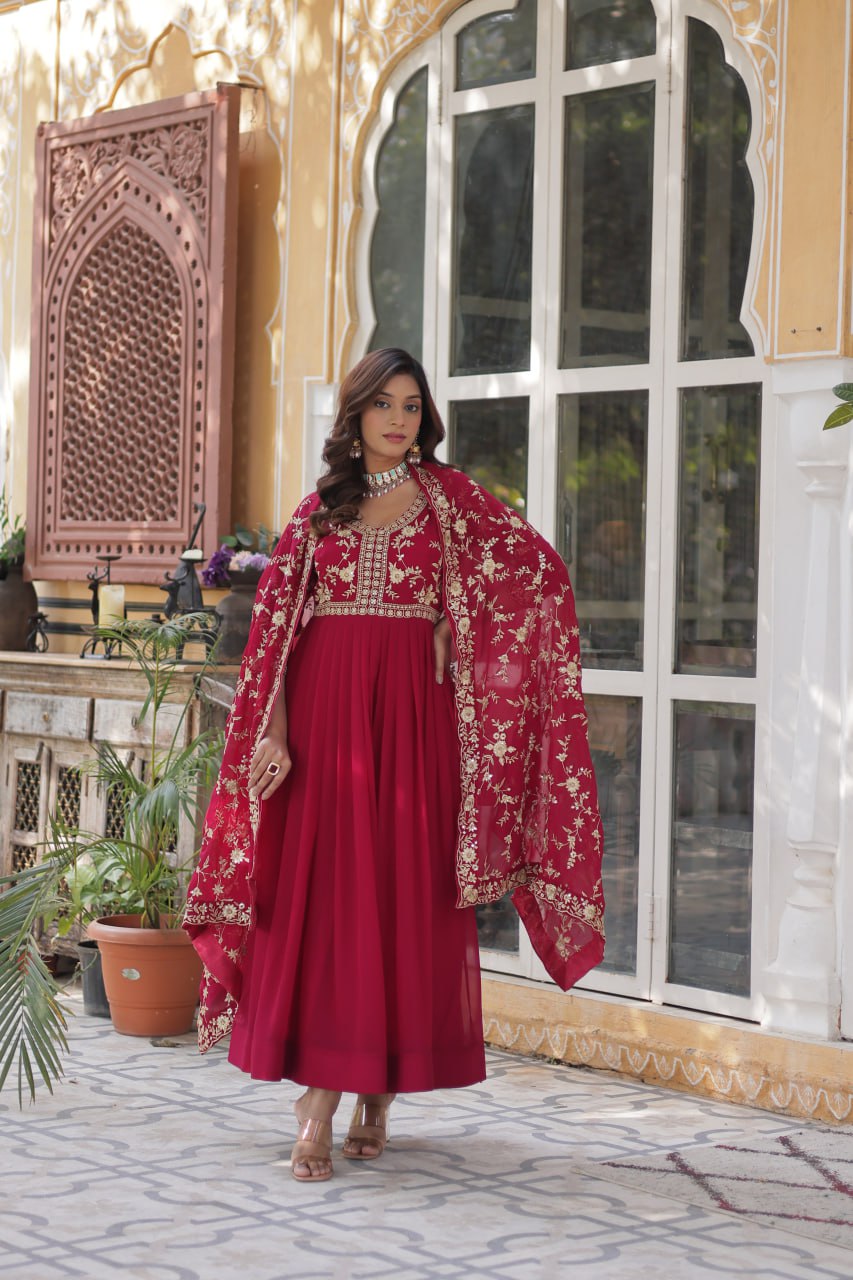 Faux Blooming Sequins & Zari Embroidered Gown With Dupatta