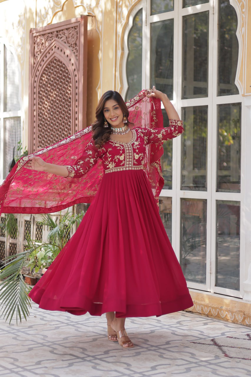 Faux Blooming Sequins & Zari Embroidered Gown With Dupatta