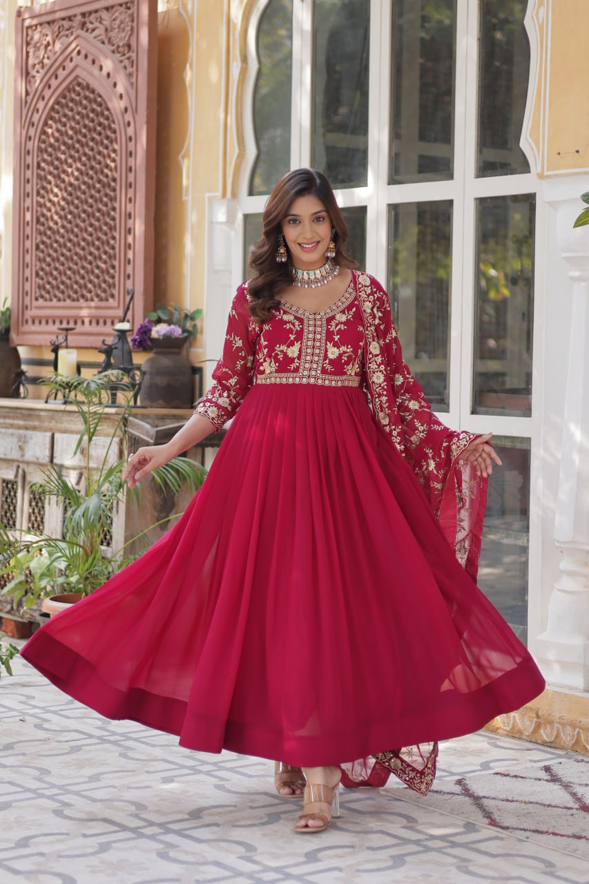Faux Blooming Sequins & Zari Embroidered Gown With Dupatta