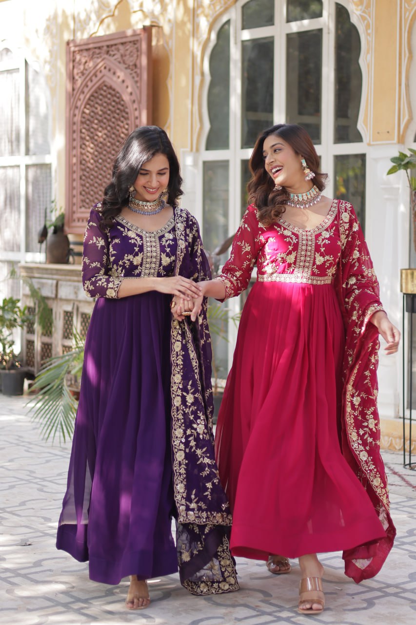 Faux Blooming Sequins & Zari Embroidered Gown With Dupatta