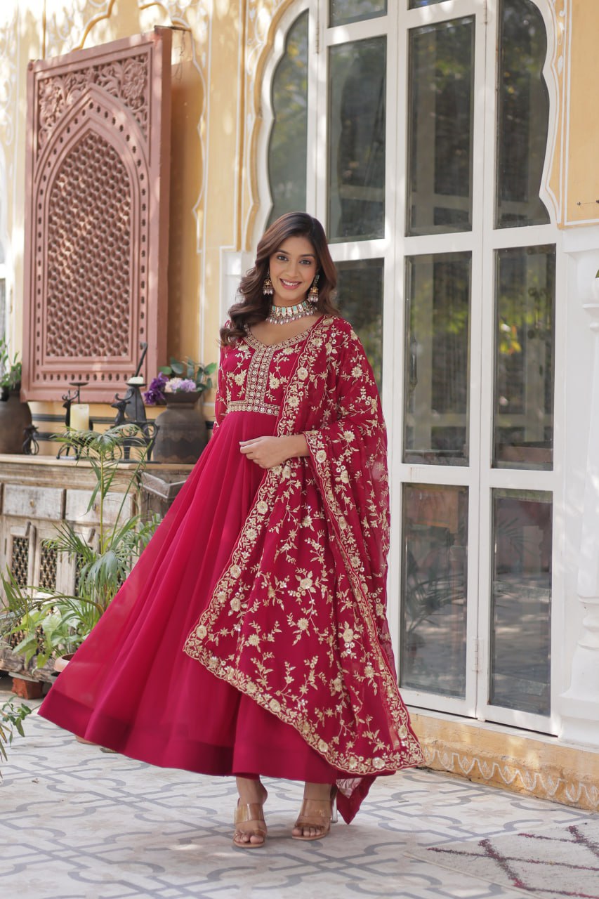 Faux Blooming Sequins & Zari Embroidered Gown With Dupatta