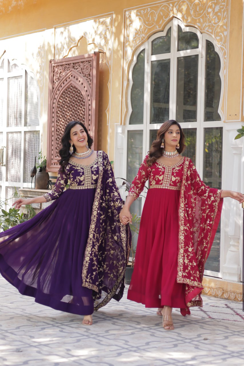 Faux Blooming Sequins & Zari Embroidered Gown With Dupatta