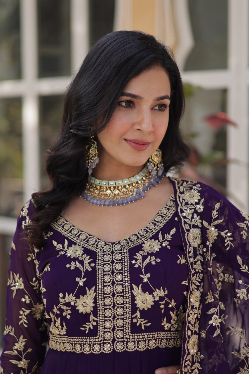 Faux Blooming Sequins & Zari Embroidered Gown With Dupatta