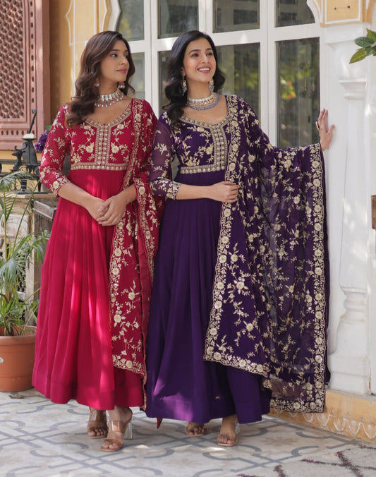 Faux Blooming Sequins & Zari Embroidered Gown With Dupatta