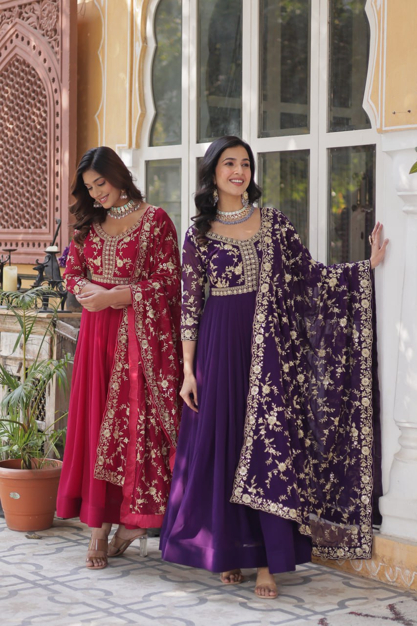 Faux Blooming Sequins & Zari Embroidered Gown With Dupatta