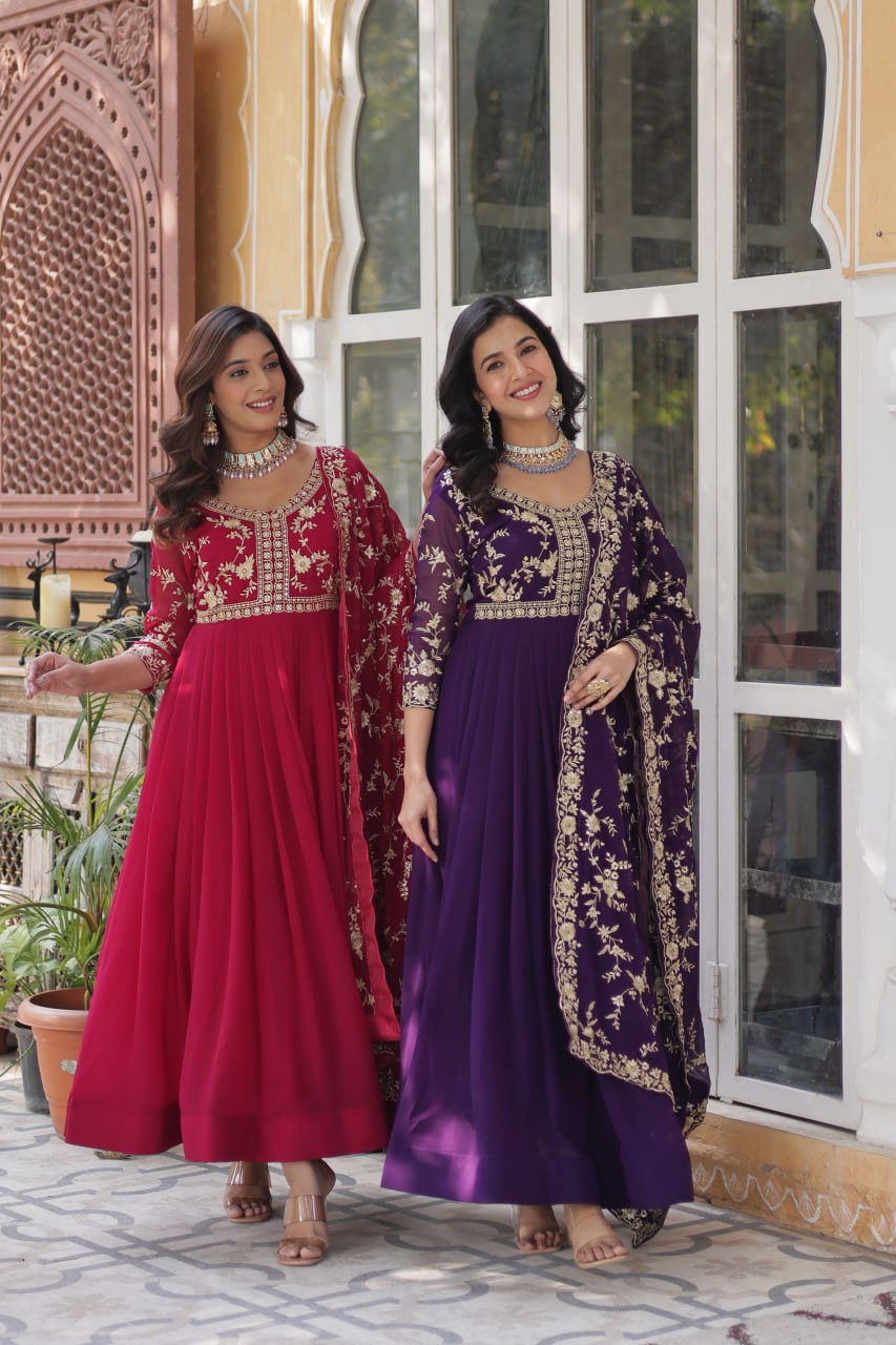 Faux Blooming Sequins & Zari Embroidered Gown With Dupatta