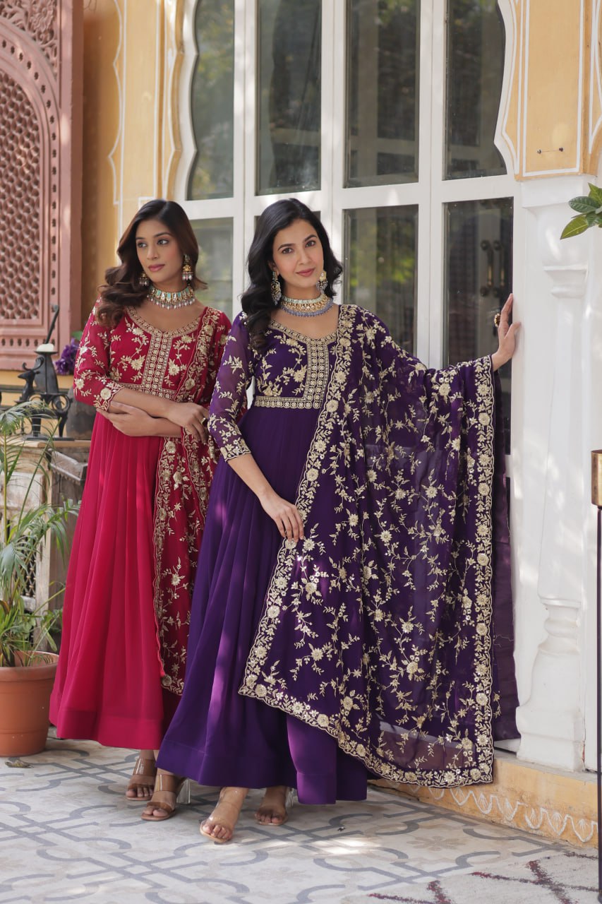 Faux Blooming Sequins & Zari Embroidered Gown With Dupatta