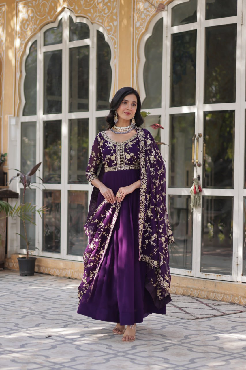 Faux Blooming Sequins & Zari Embroidered Gown With Dupatta