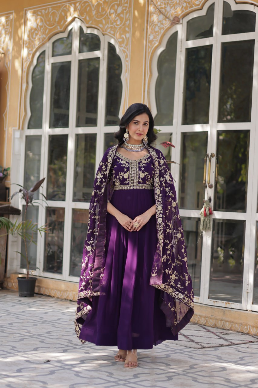 Faux Blooming Sequins & Zari Embroidered Gown With Dupatta