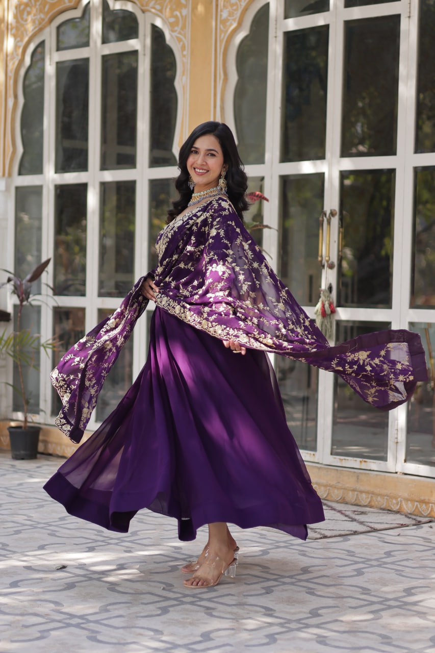 Faux Blooming Sequins & Zari Embroidered Gown With Dupatta