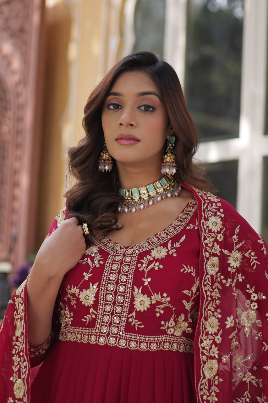 Faux Blooming Sequins & Zari Embroidered Gown With Dupatta