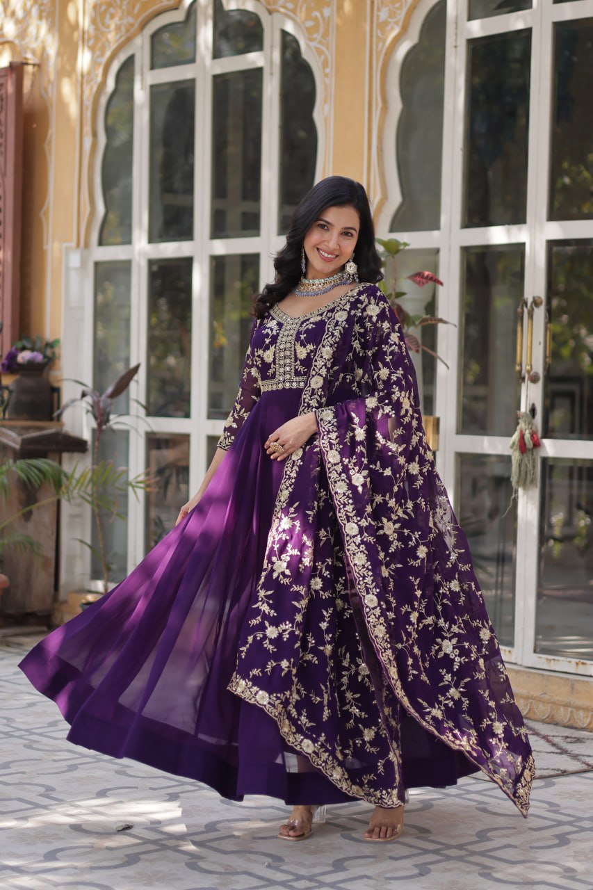 Faux Blooming Sequins & Zari Embroidered Gown With Dupatta