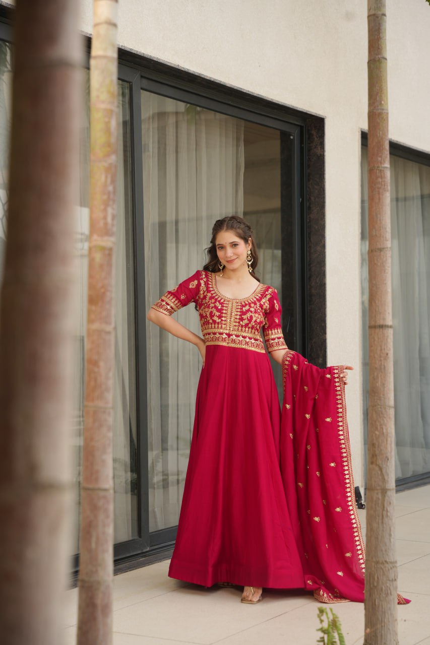 Purple Vichitra Silk Gown with Sequins & Zari Embroidery With Dupatta