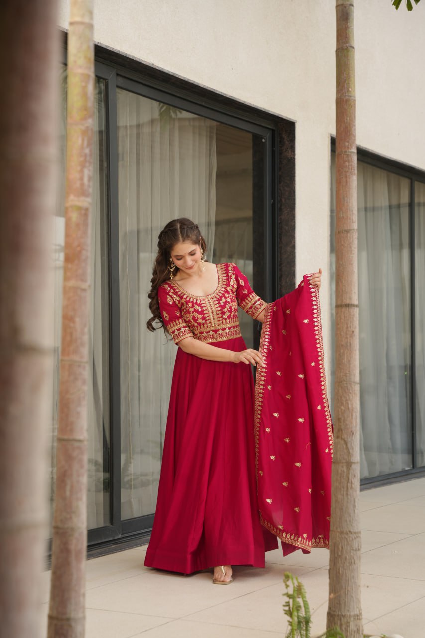 Purple Vichitra Silk Gown with Sequins & Zari Embroidery With Dupatta