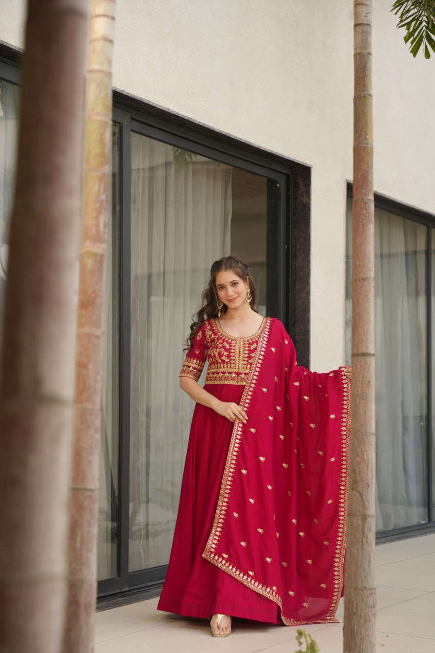 Purple Vichitra Silk Gown with Sequins & Zari Embroidery With Dupatta