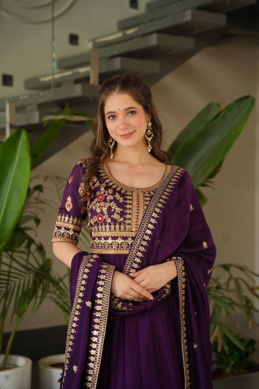 Purple Vichitra Silk Gown with Sequins & Zari Embroidery With Dupatta