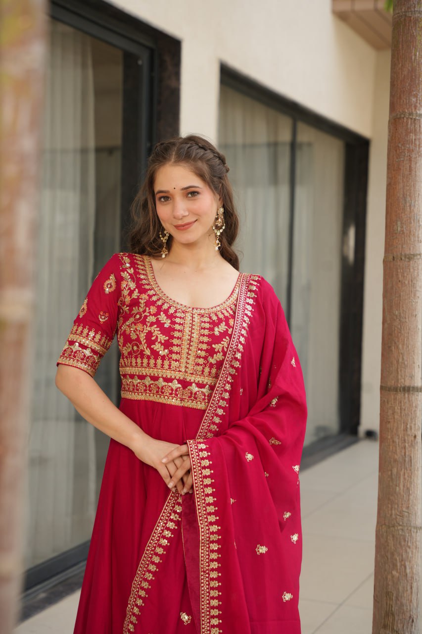 Purple Vichitra Silk Gown with Sequins & Zari Embroidery With Dupatta