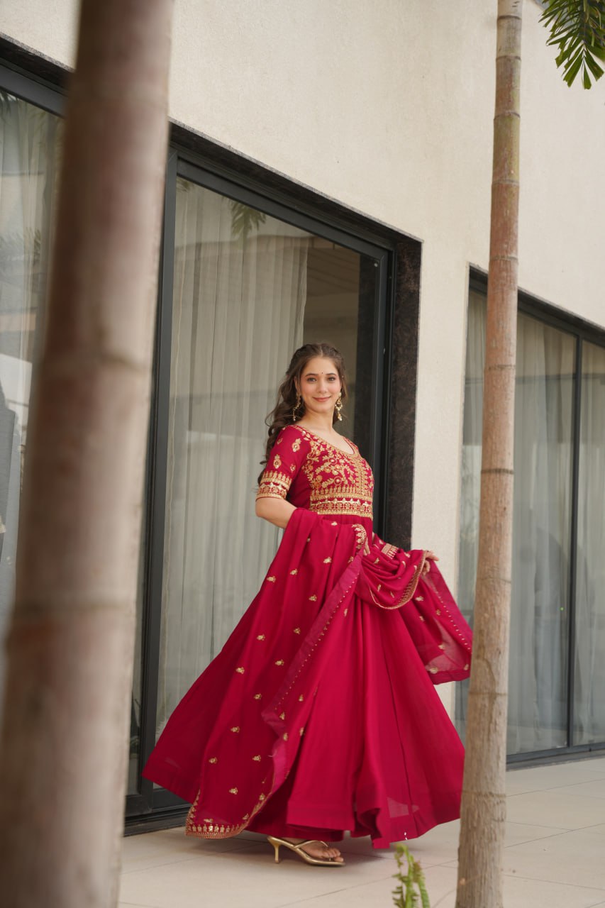 Purple Vichitra Silk Gown with Sequins & Zari Embroidery With Dupatta