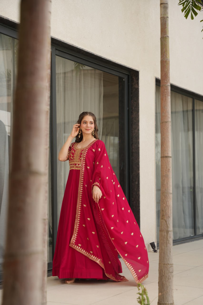 Purple Vichitra Silk Gown with Sequins & Zari Embroidery With Dupatta