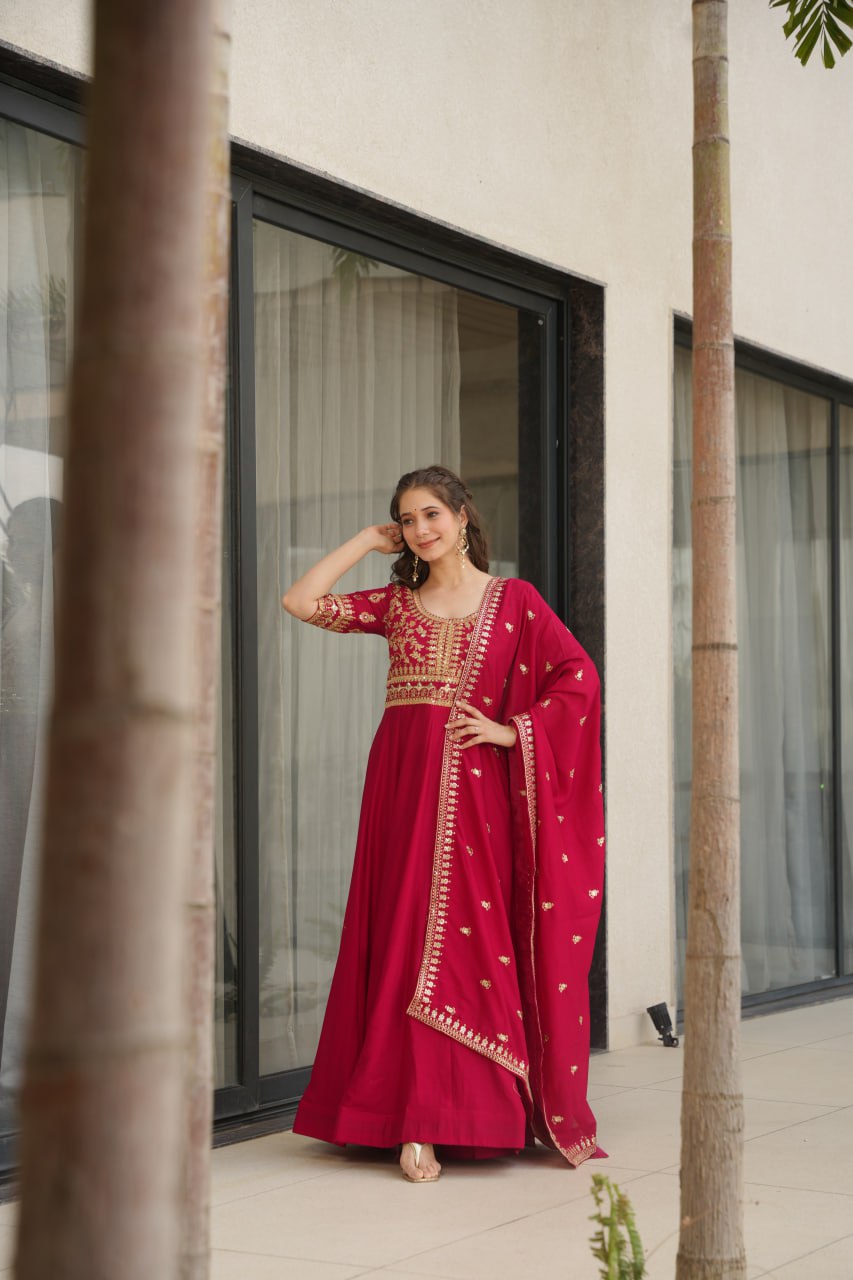 Purple Vichitra Silk Gown with Sequins & Zari Embroidery With Dupatta