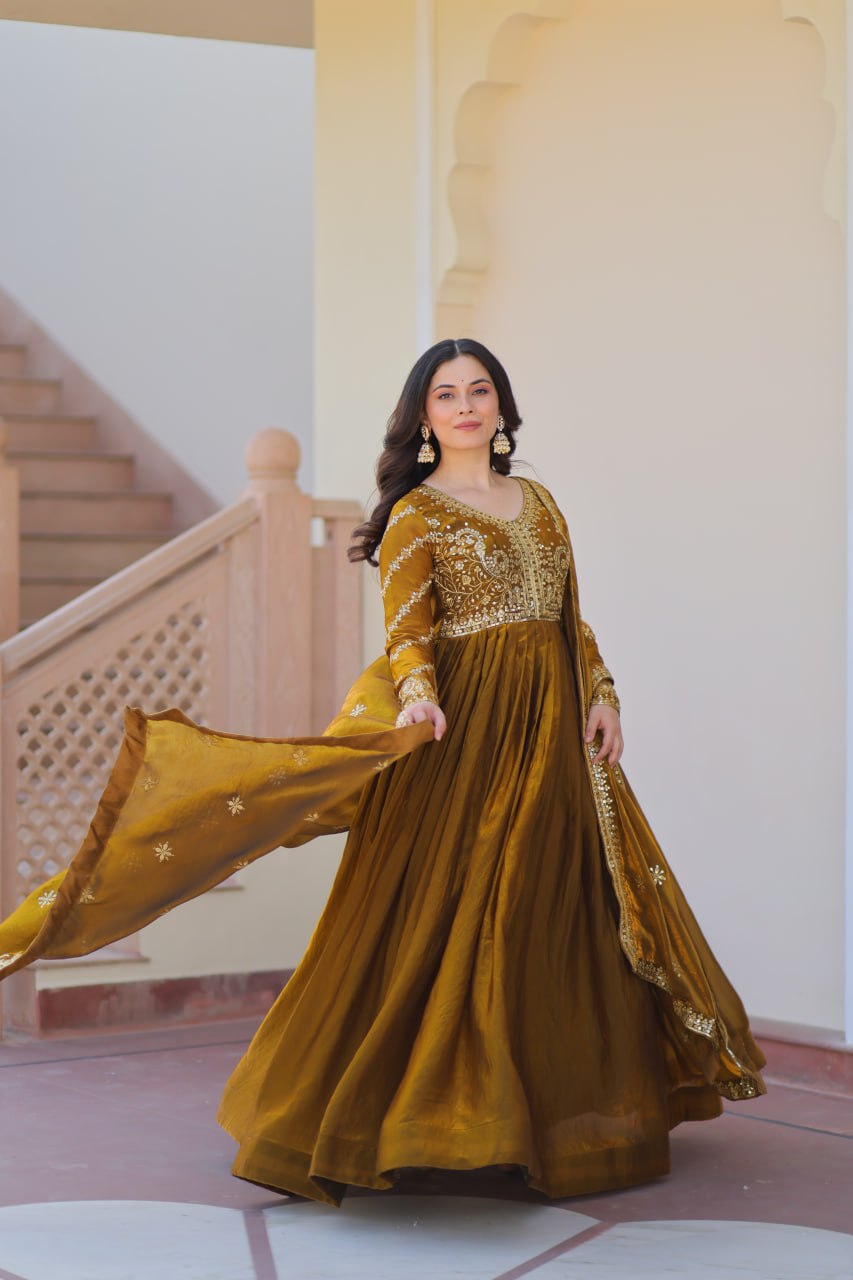 Exquisite Fendy Silk Zari Sequins Worked Gown With Dupatta