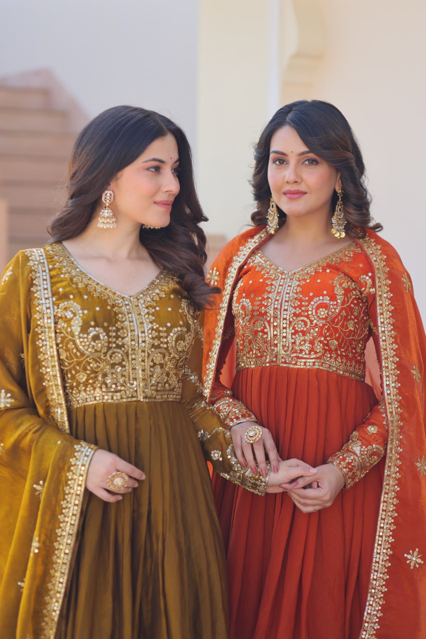 Exquisite Fendy Silk Zari Sequins Worked Gown With Dupatta