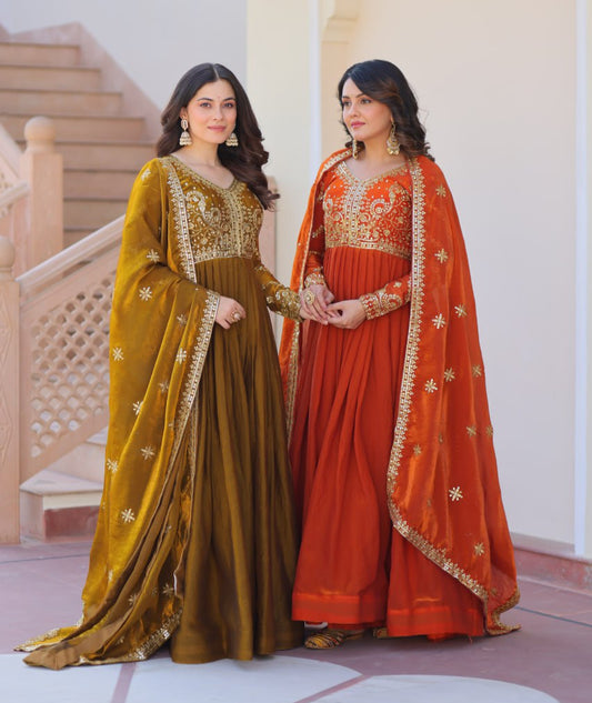 Exquisite Fendy Silk Zari Sequins Worked Gown With Dupatta