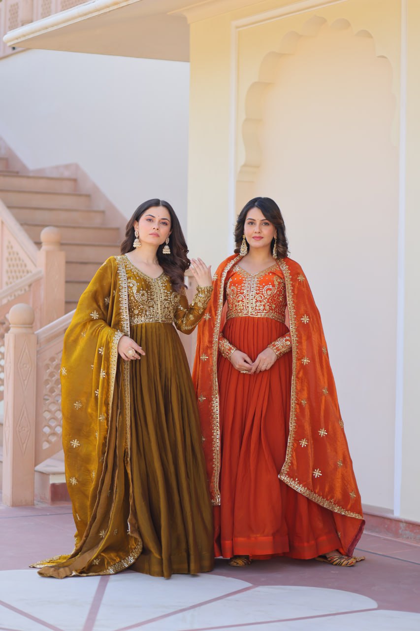 Exquisite Fendy Silk Zari Sequins Worked Gown With Dupatta