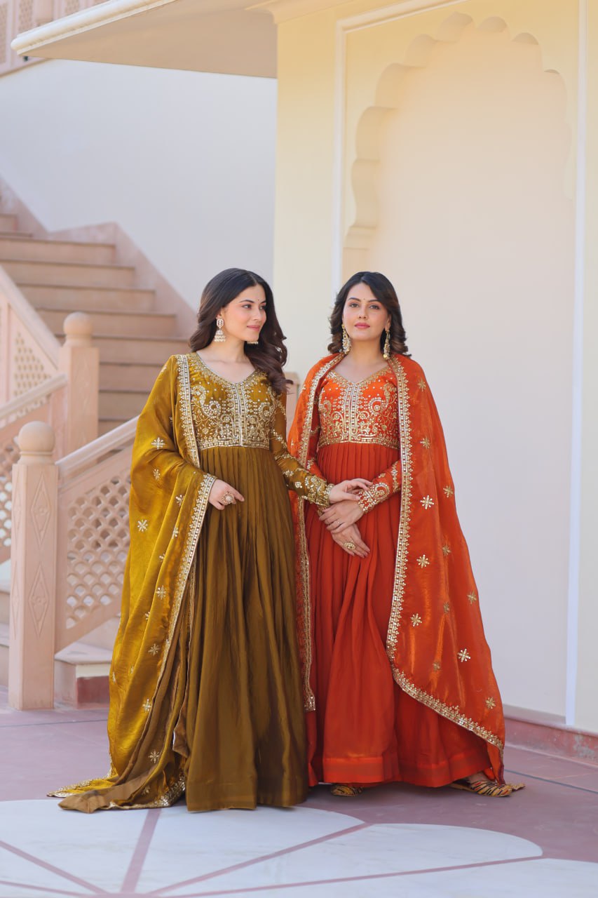 Exquisite Fendy Silk Zari Sequins Worked Gown With Dupatta