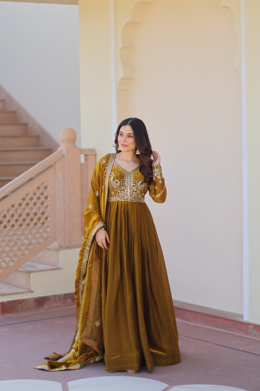 Exquisite Fendy Silk Zari Sequins Worked Gown With Dupatta