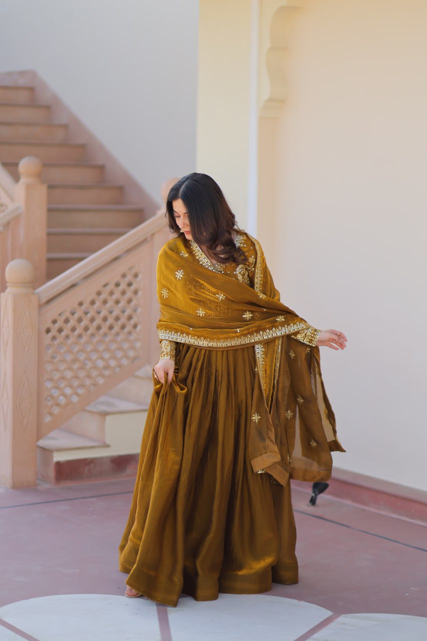 Exquisite Fendy Silk Zari Sequins Worked Gown With Dupatta