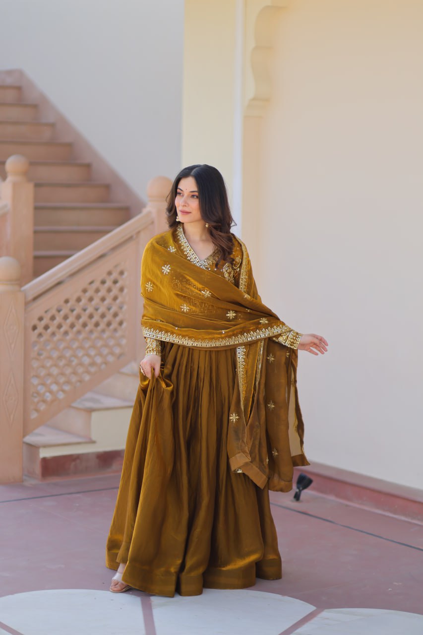 Exquisite Fendy Silk Zari Sequins Worked Gown With Dupatta