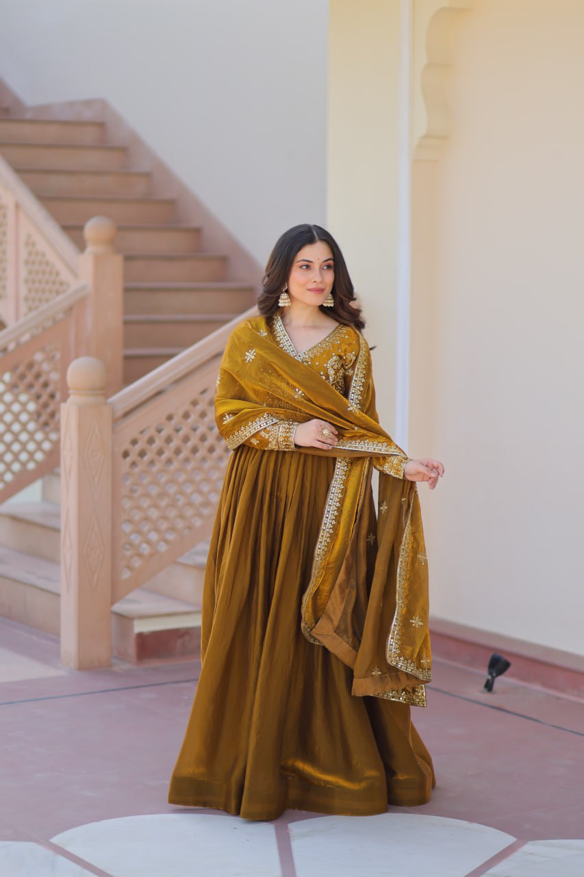 Exquisite Fendy Silk Zari Sequins Worked Gown With Dupatta