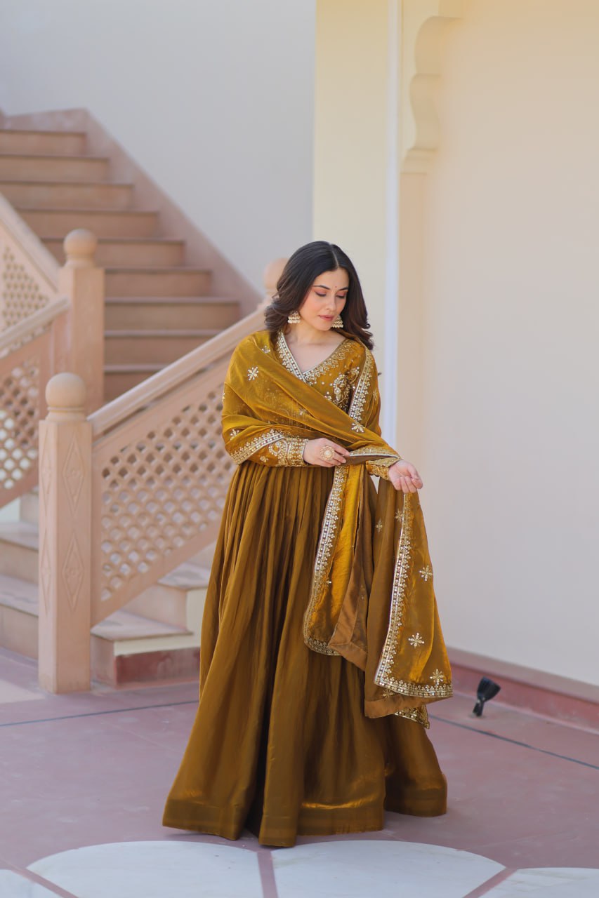 Exquisite Fendy Silk Zari Sequins Worked Gown With Dupatta