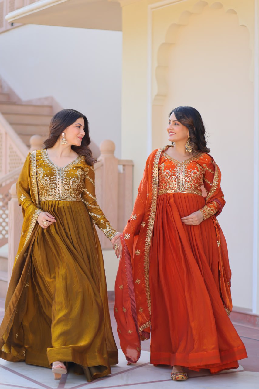 Exquisite Fendy Silk Zari Sequins Worked Gown With Dupatta