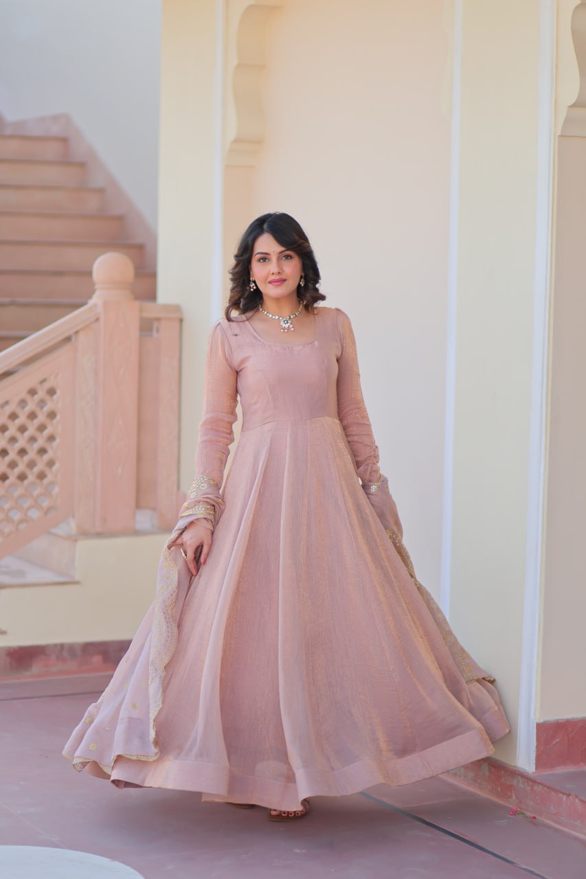 Appealing Fendy Chiffon Fully Stitched Gown With Dupatta
