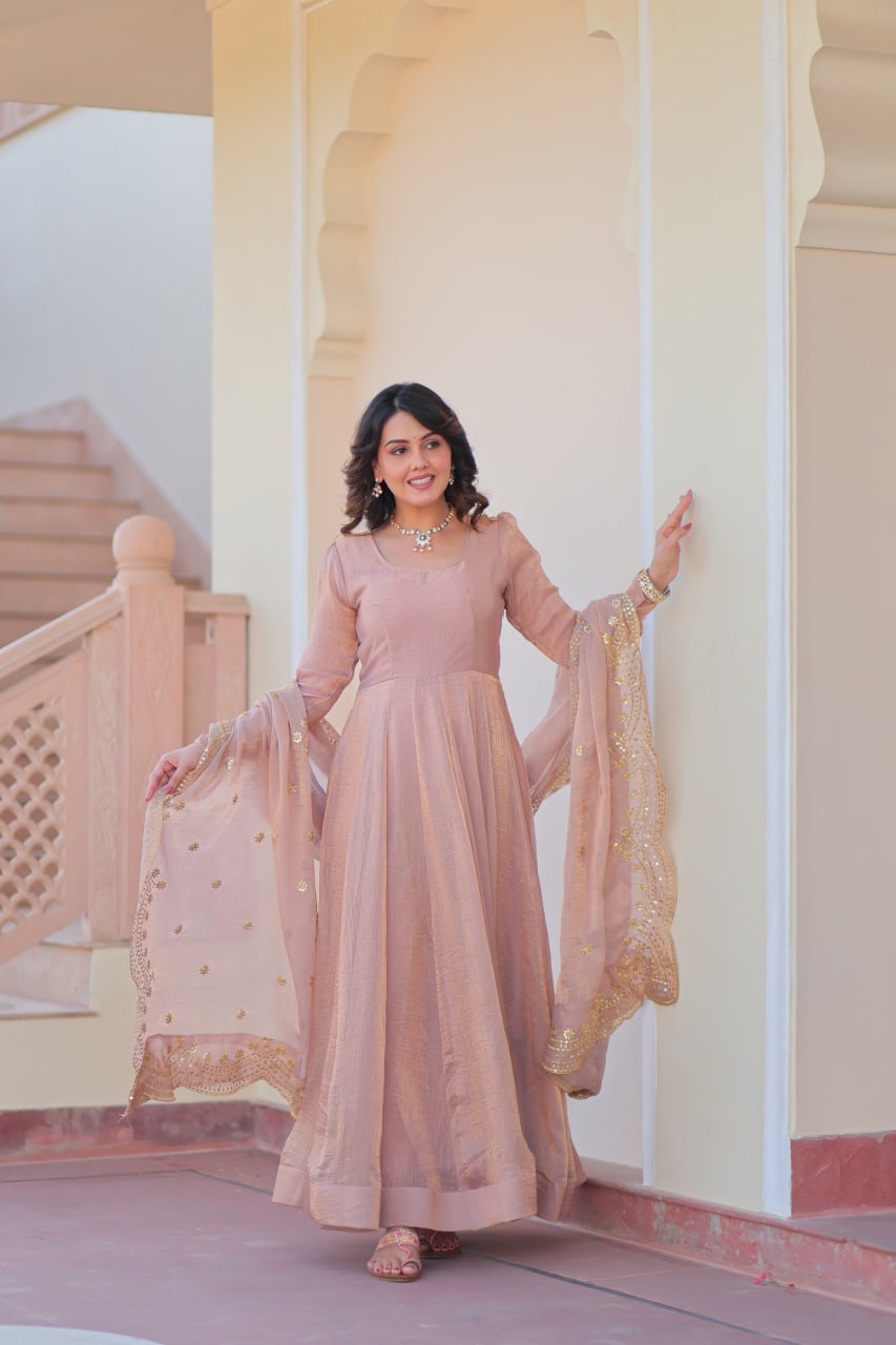 Appealing Fendy Chiffon Fully Stitched Gown With Dupatta