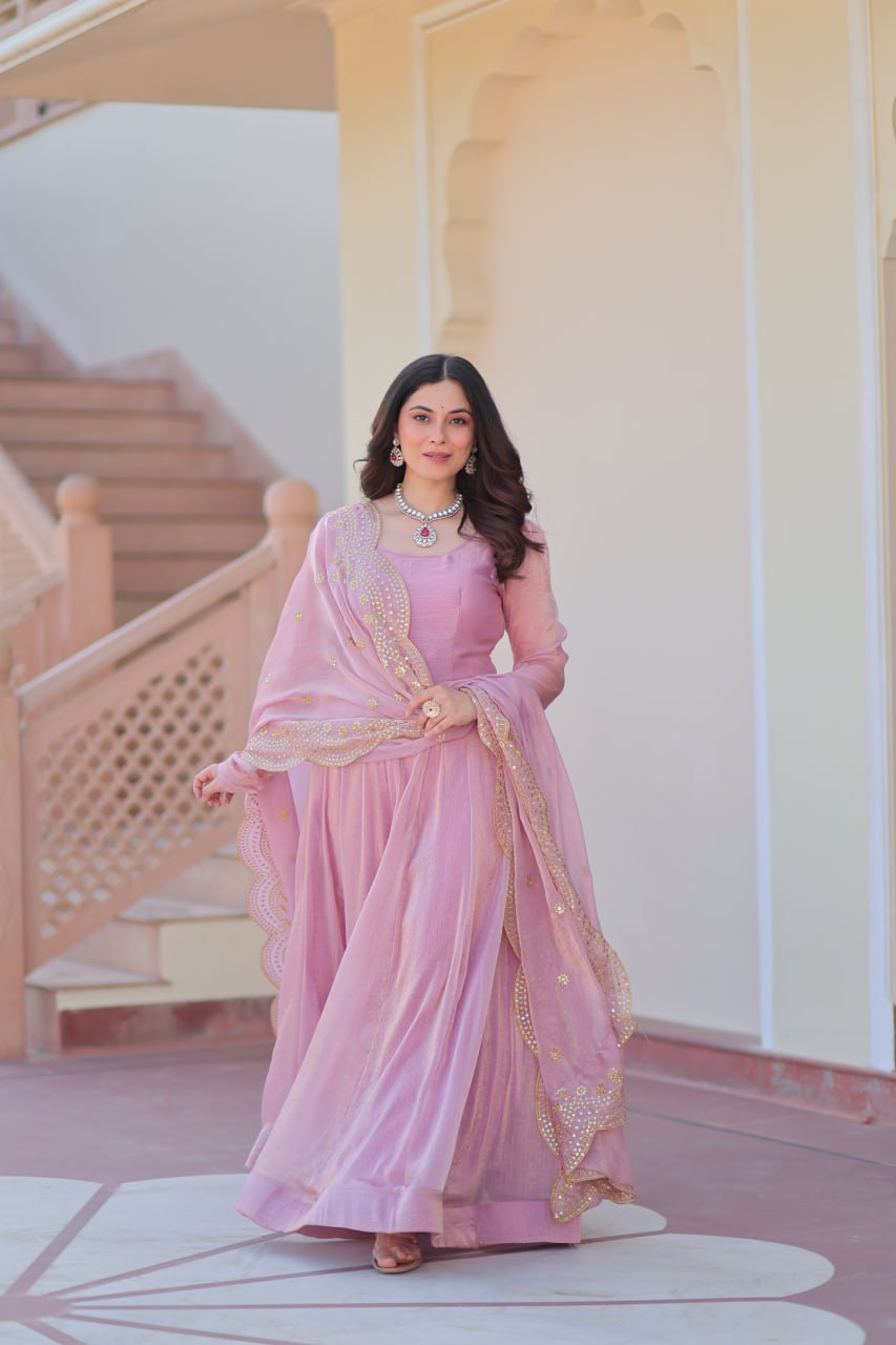 Appealing Fendy Chiffon Fully Stitched Gown With Dupatta