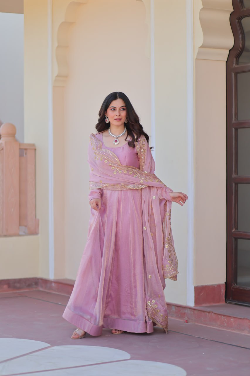 Appealing Fendy Chiffon Fully Stitched Gown With Dupatta