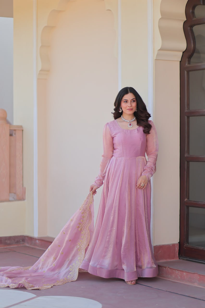 Appealing Fendy Chiffon Fully Stitched Gown With Dupatta