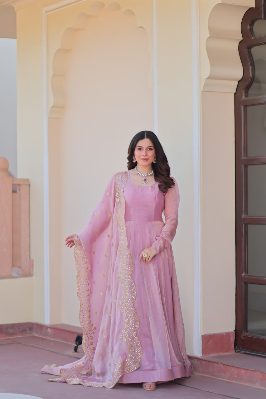 Appealing Fendy Chiffon Fully Stitched Gown With Dupatta