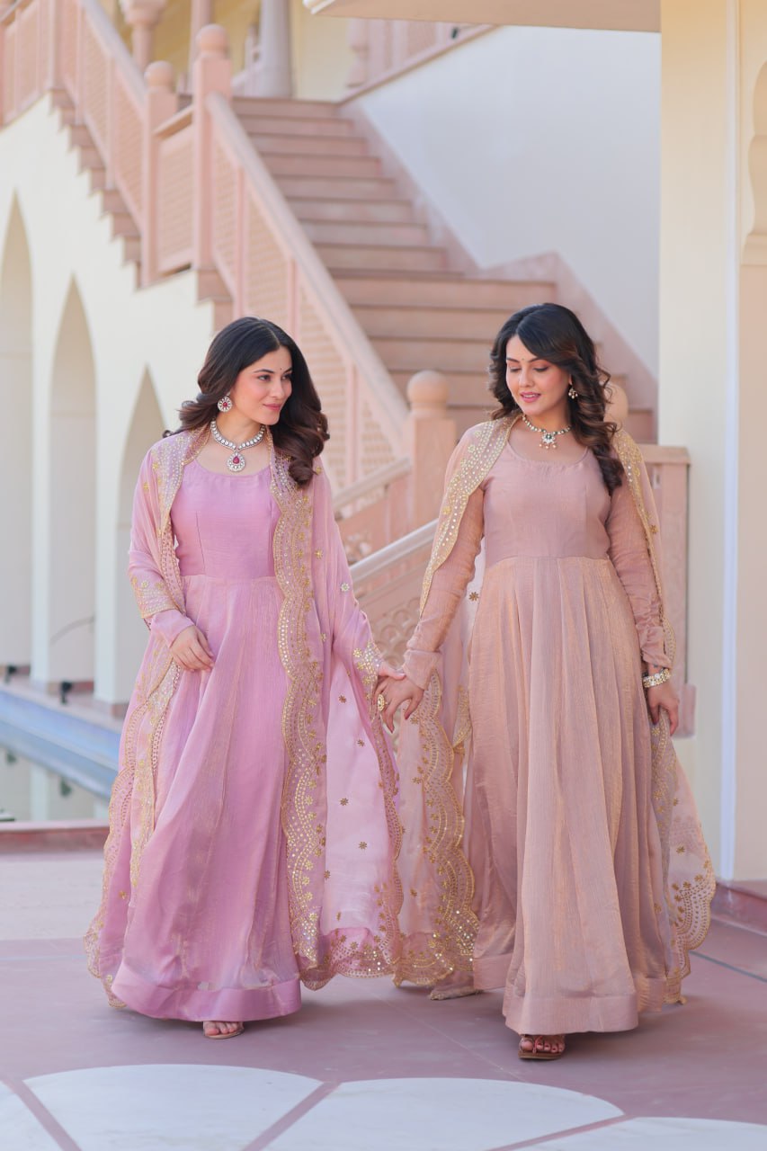 Appealing Fendy Chiffon Fully Stitched Gown With Dupatta