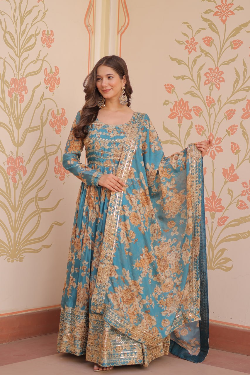 Russian Silk Digital Print Gown Set with Sequins Work – Fully Stitched & Ready to Wear