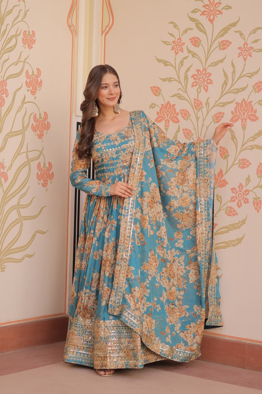 Russian Silk Digital Print Gown Set with Sequins Work – Fully Stitched & Ready to Wear