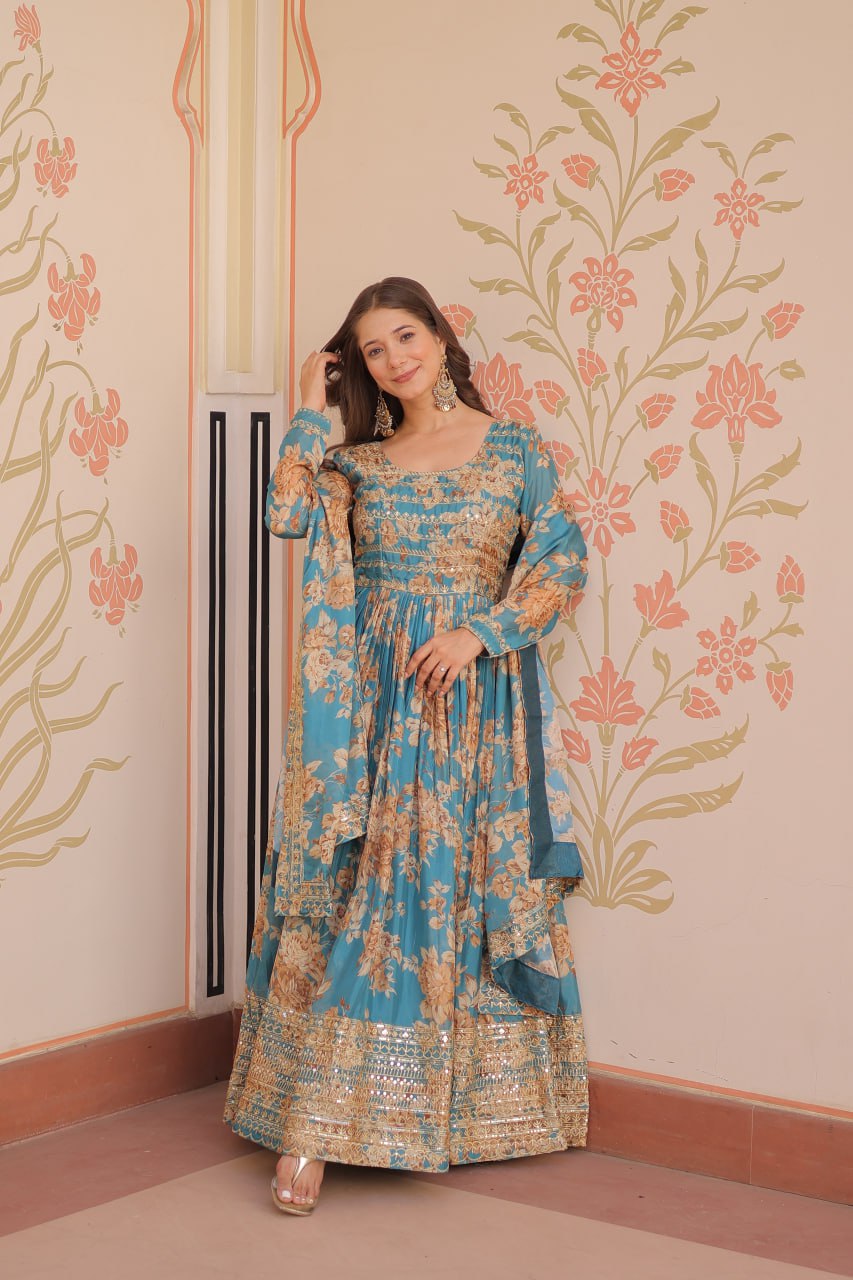 Russian Silk Digital Print Gown Set with Sequins Work – Fully Stitched & Ready to Wear