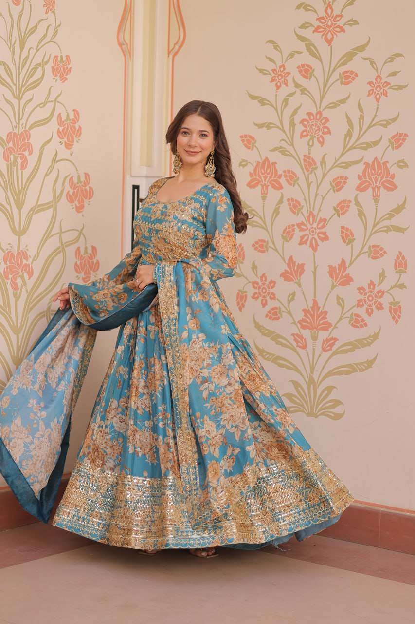 Russian Silk Digital Print Gown Set with Sequins Work – Fully Stitched & Ready to Wear