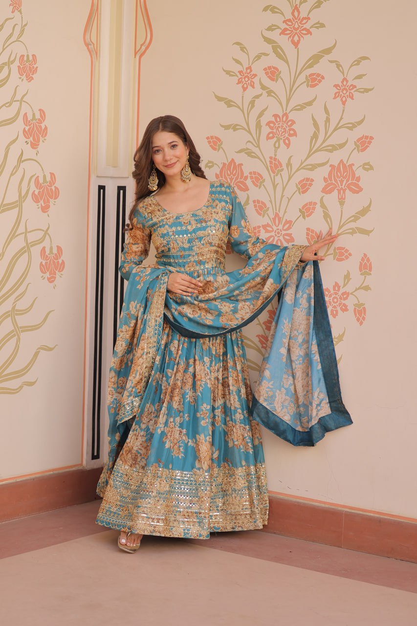 Russian Silk Digital Print Gown Set with Sequins Work – Fully Stitched & Ready to Wear