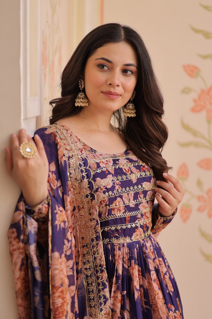 Russian Silk Digital Print Gown Set with Sequins Work – Fully Stitched & Ready to Wear