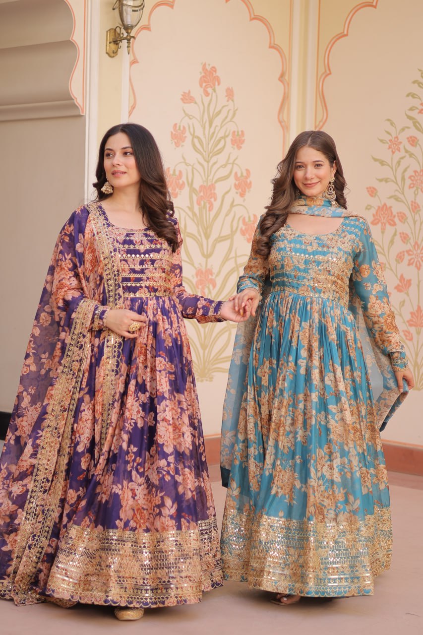 Russian Silk Digital Print Gown Set with Sequins Work – Fully Stitched & Ready to Wear