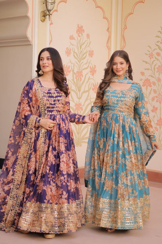 Russian Silk Digital Print Gown Set with Sequins Work – Fully Stitched & Ready to Wear